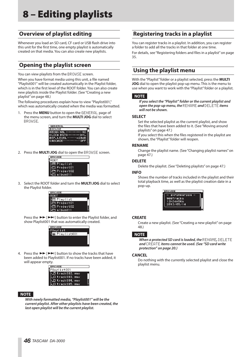 8 – editing playlists, Overview of playlist editing, Opening the playlist screen | Registering tracks in a playlist, Using the playlist menu | Teac DA-3000 User Manual | Page 46 / 60