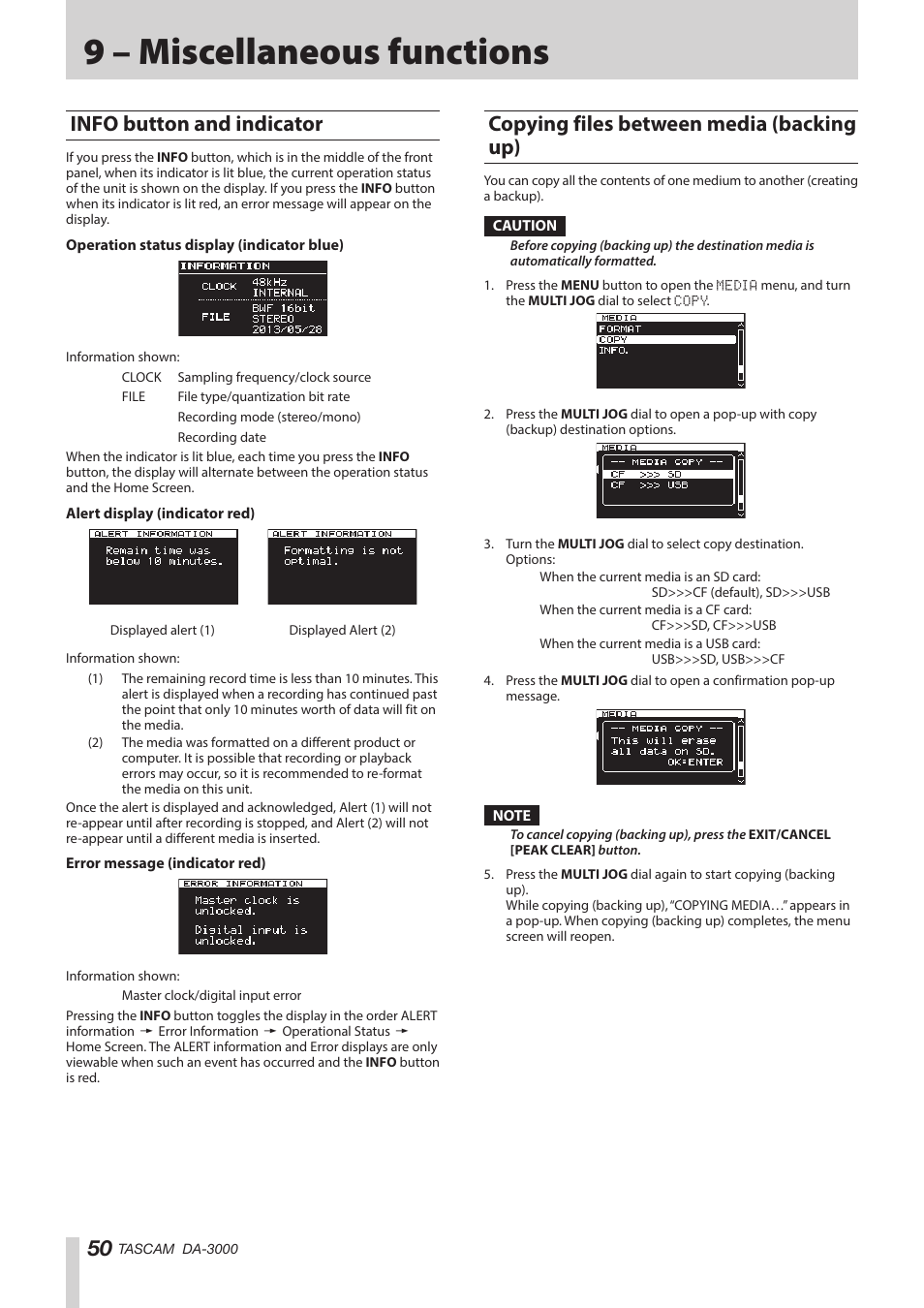 9 – miscellaneous functions, Info button and indicator, Copying files between media (backing up) | See “info button and, See “copying files, Copying files between | Teac DA-3000 User Manual | Page 50 / 60