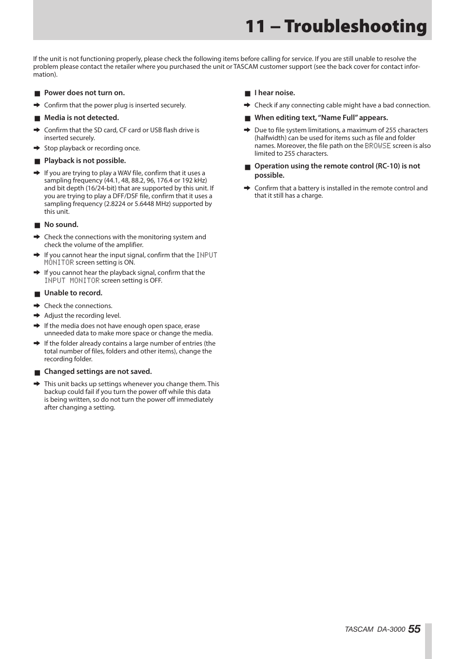 11 − troubleshooting | Teac DA-3000 User Manual | Page 55 / 60