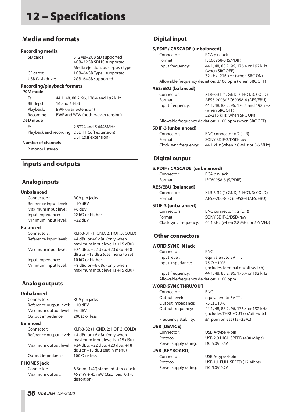 12 – specifications, Media and formats, Inputs and outputs | Analog inputs, Analog outputs, Digital input, Digital output, Other connectors, Media and formats inputs and outputs, Analog inputs analog outputs | Teac DA-3000 User Manual | Page 56 / 60