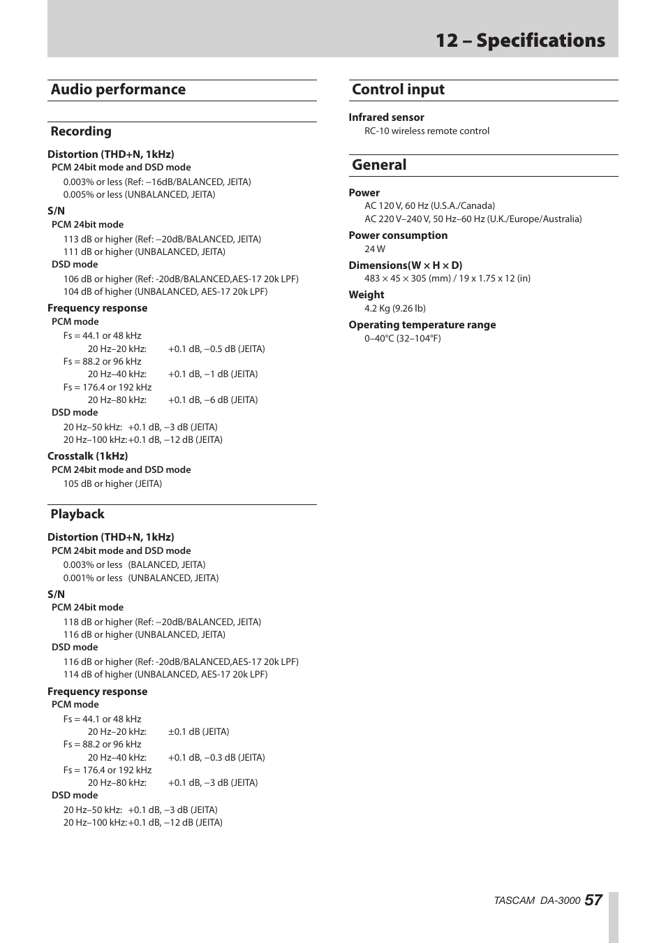 Audio performance, Recording, Playback | Control input, General, Recording playback, Control input general, 12 – specifications | Teac DA-3000 User Manual | Page 57 / 60