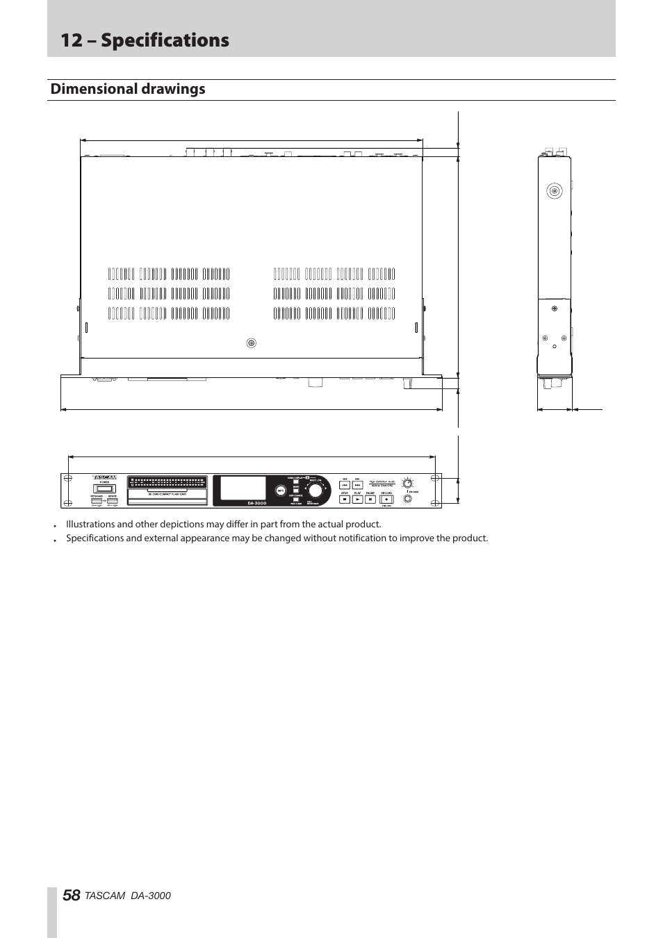 Dimensional drawings, 12 – specifications | Teac DA-3000 User Manual | Page 58 / 60