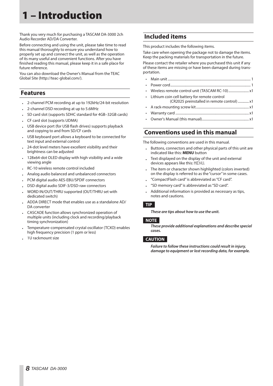 1 – introduction, Features, Included items | Conventions used in this manual | Teac DA-3000 User Manual | Page 8 / 60