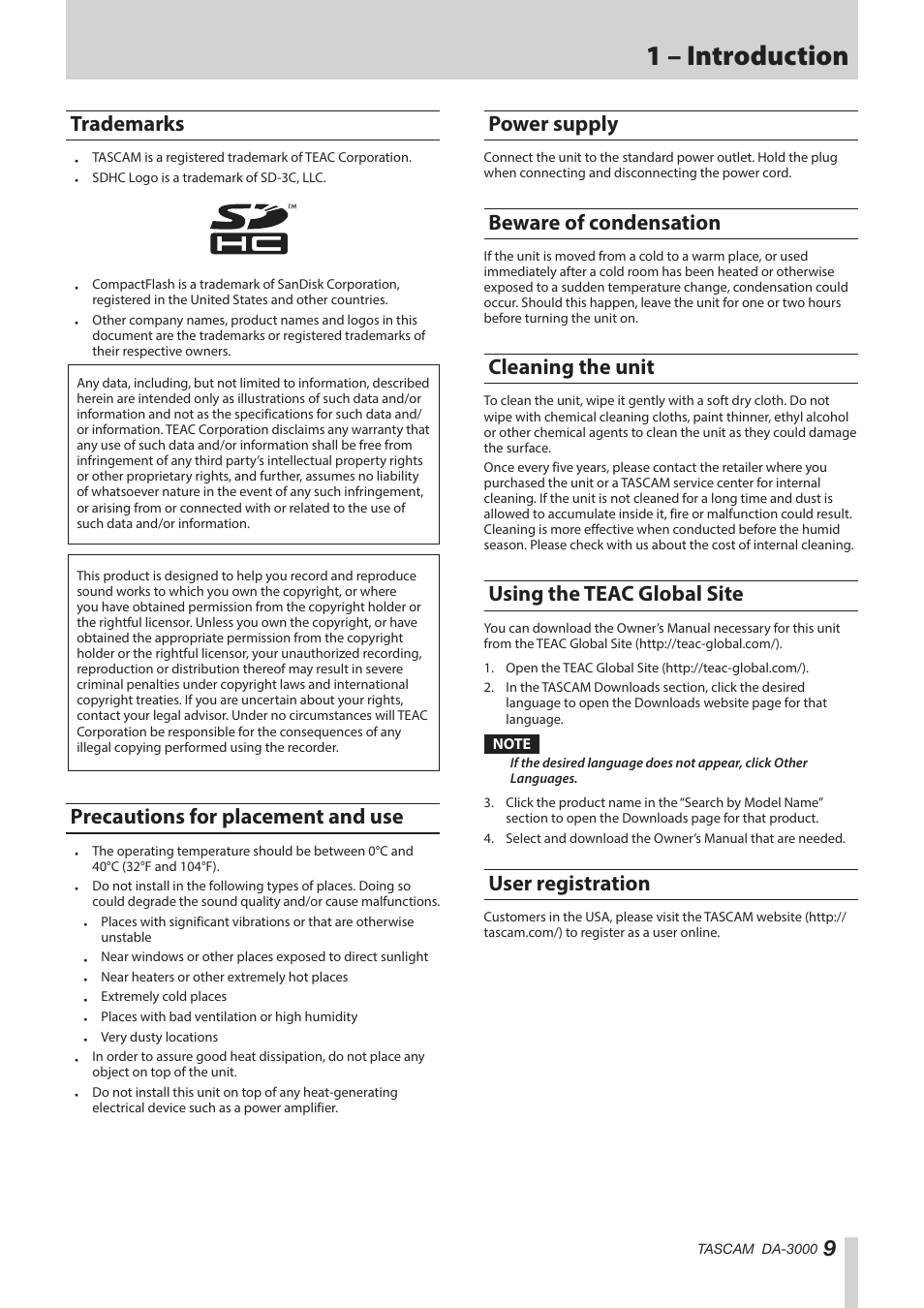 Trademarks, Precautions for placement and use, Power supply | Beware of condensation, Cleaning the unit, Using the teac global site, User registration, 1 – introduction | Teac DA-3000 User Manual | Page 9 / 60