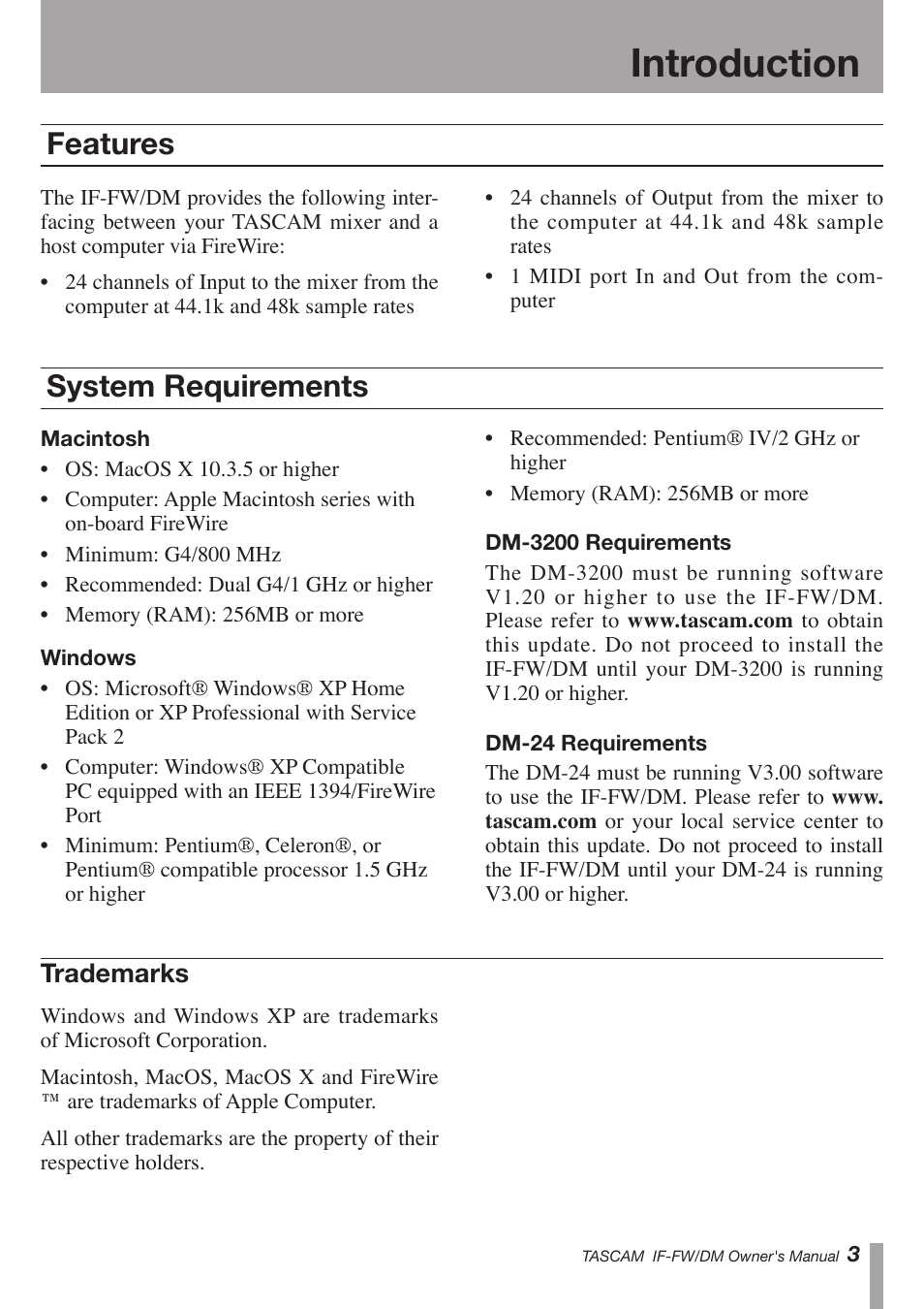 Introduction, Features, System requirements | Trademarks | Teac IF-FW/DM User Manual | Page 3 / 12