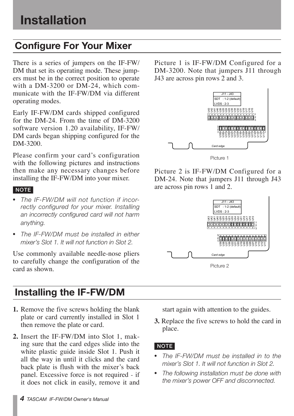 Oinstallation, Installing the if-fw/dm, Configure for your mixer | Teac IF-FW/DM User Manual | Page 4 / 12