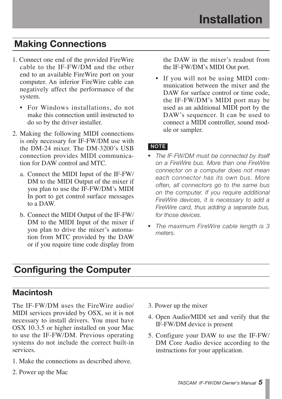 Installation, Making connections configuring the computer, Macintosh | Teac IF-FW/DM User Manual | Page 5 / 12