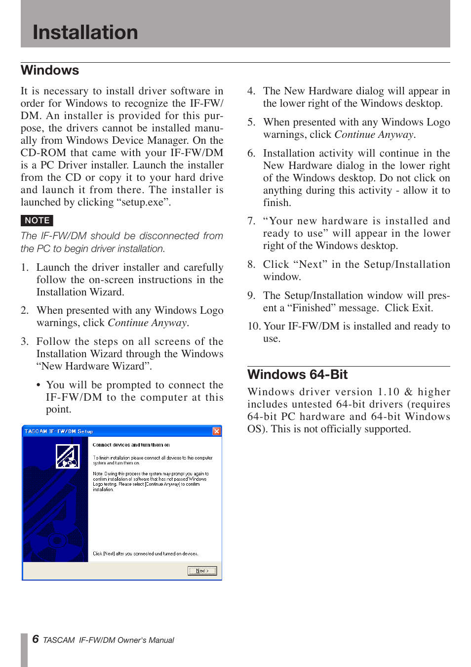 Installation, Windows 64-bit, Windows | Teac IF-FW/DM User Manual | Page 6 / 12