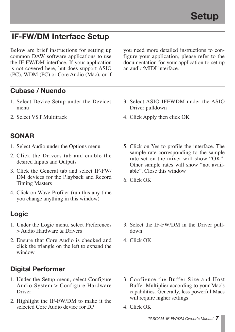 Setup, If-fw/dm interface setup, Sonar | Cubase / nuendo, Logic, Digital performer | Teac IF-FW/DM User Manual | Page 7 / 12