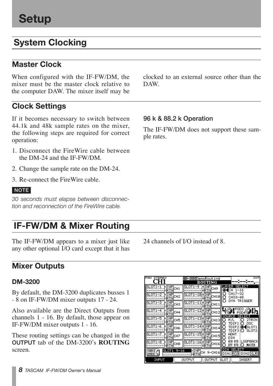 Osetup, If-fw/dm & mixer routing, System clocking | Teac IF-FW/DM User Manual | Page 8 / 12