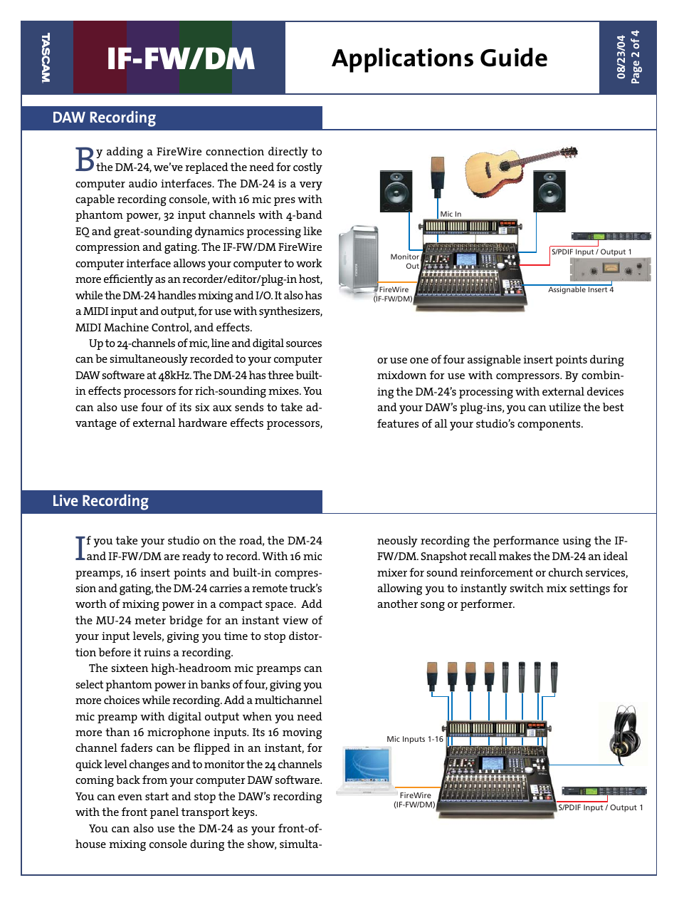 If-fw/dm, Applications guide, Daw recording live recording | Teac IF-FW/DM Applications Guide User Manual | Page 2 / 4