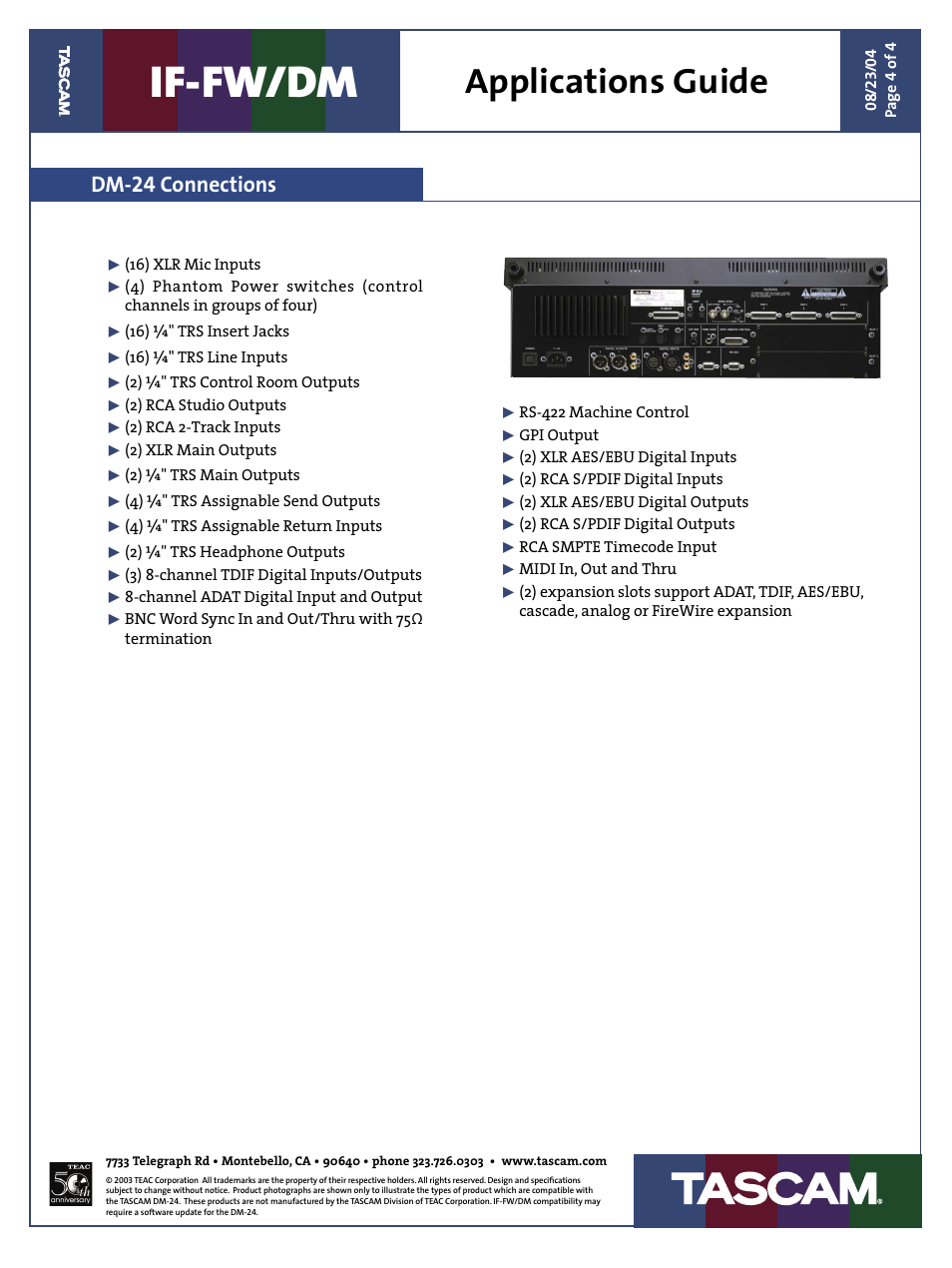 If-fw/dm, Applications guide, Dm-24 connections | Teac IF-FW/DM Applications Guide User Manual | Page 4 / 4