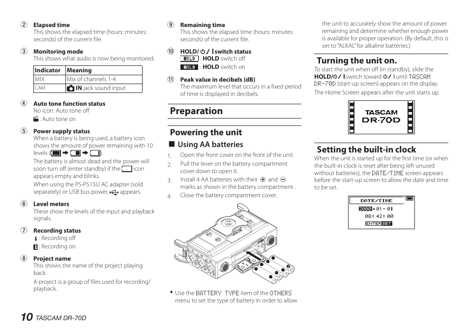 Preparation, Powering the unit, Turning the unit on | Setting the built-in clock | Teac DR-70D User Manual | Page 10 / 128