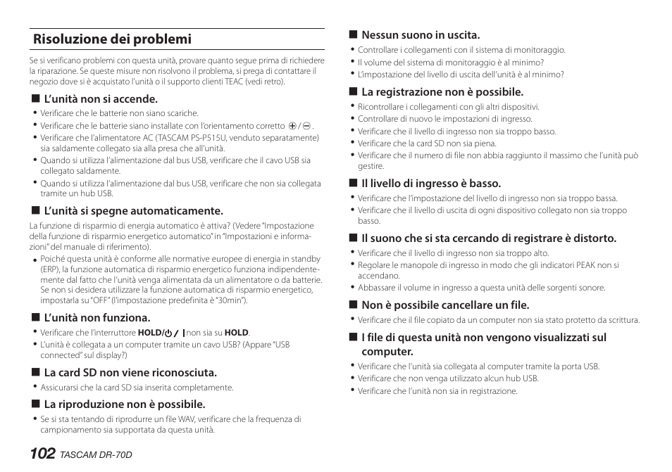 Risoluzione dei problemi | Teac DR-70D User Manual | Page 102 / 128
