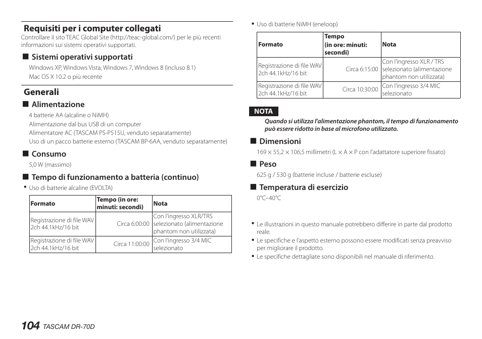 Requisiti per i computer collegati, Generali, Requisiti per i computer collegati generali | Teac DR-70D User Manual | Page 104 / 128