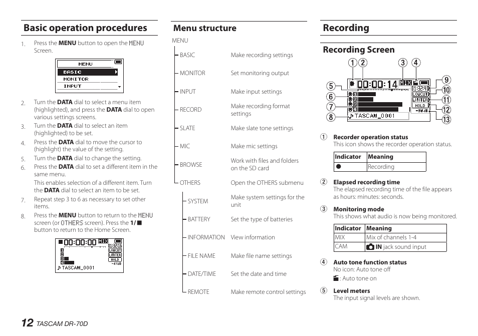 Basic operation procedures, Menu structure, Recording | Recording screen | Teac DR-70D User Manual | Page 12 / 128