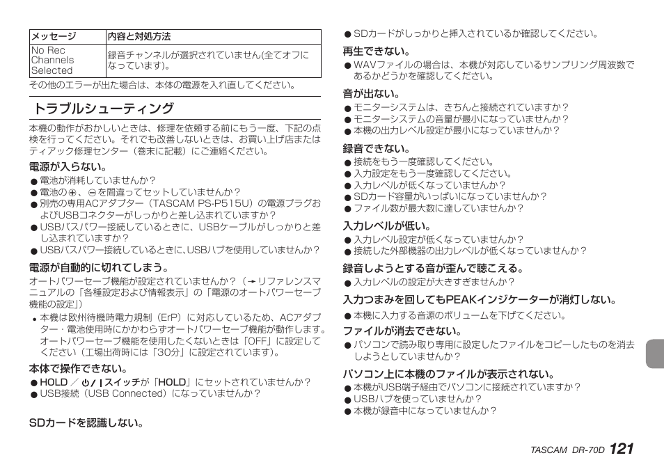 トラブルシューティング | Teac DR-70D User Manual | Page 121 / 128