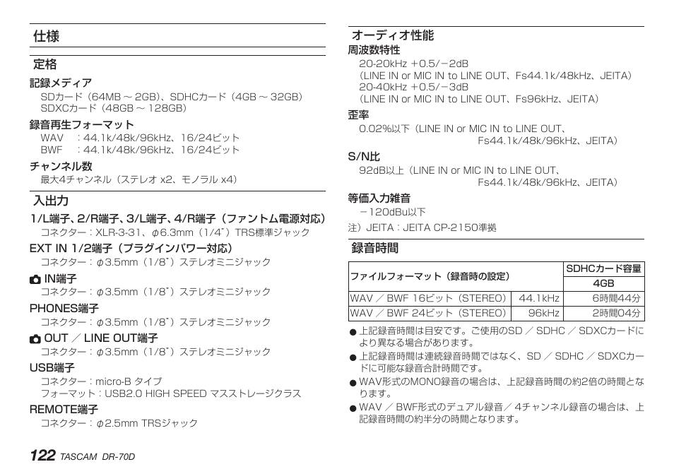 オーディオ性能, 録音時間, 定格 入出力 オーディオ性能 録音時間 | Teac DR-70D User Manual | Page 122 / 128