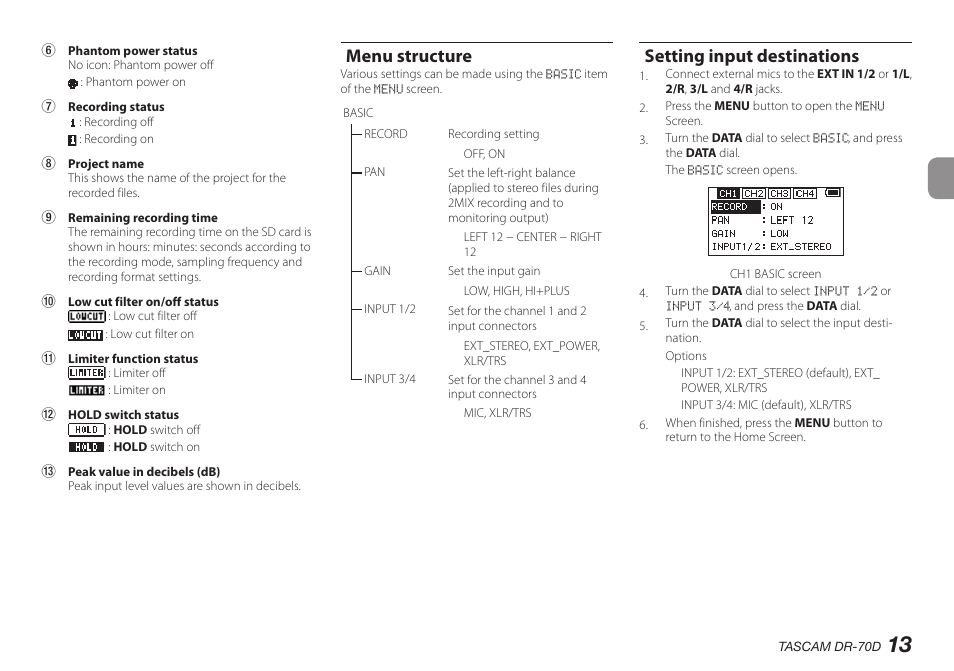 Menu structure, Setting input destinations, Menu structure setting input destinations | Teac DR-70D User Manual | Page 13 / 128