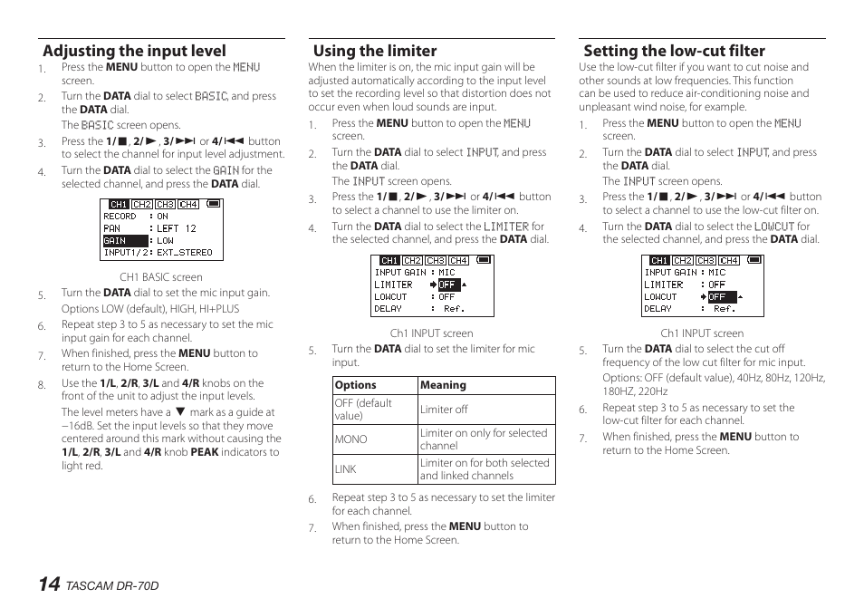 Adjusting the input level, Using the limiter, Setting the low-cut filter | Teac DR-70D User Manual | Page 14 / 128