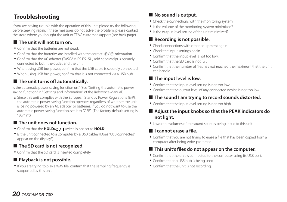 Troubleshooting | Teac DR-70D User Manual | Page 20 / 128