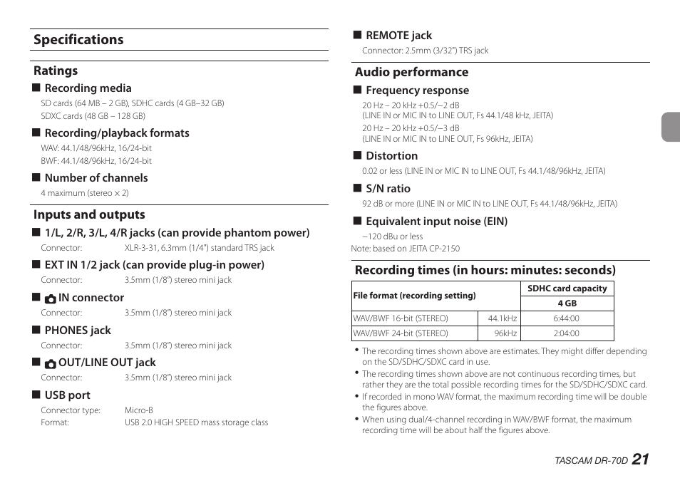 Specifications, Ratings, Inputs and outputs | Audio performance, Recording times (in hours: minutes: seconds) | Teac DR-70D User Manual | Page 21 / 128