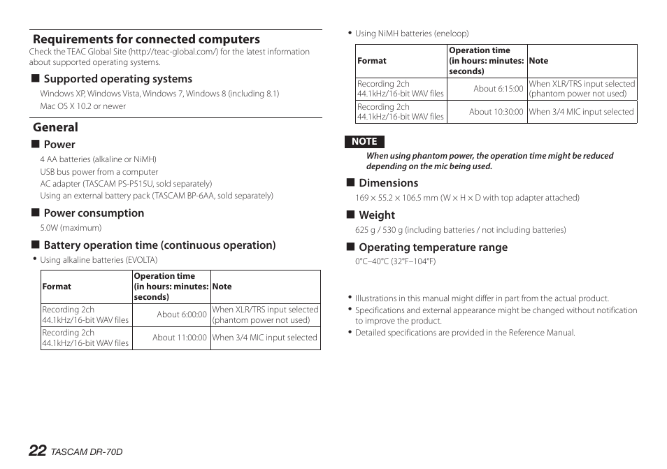 Requirements for connected computers, General, Requirements for connected computers general | Teac DR-70D User Manual | Page 22 / 128