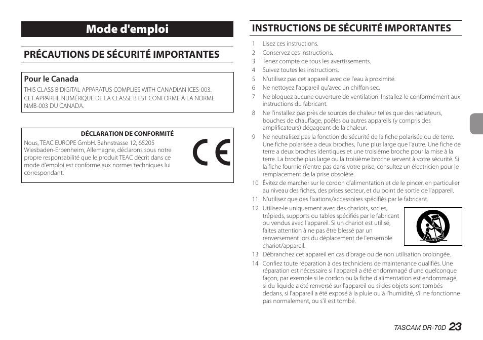 Français, Mode d'emploi, Précautions de sécurité importantes | Instructions de sécurité importantes | Teac DR-70D User Manual | Page 23 / 128