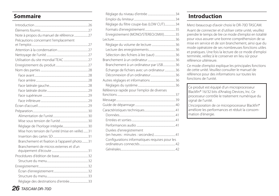 Introduction, Sommaire | Teac DR-70D User Manual | Page 26 / 128