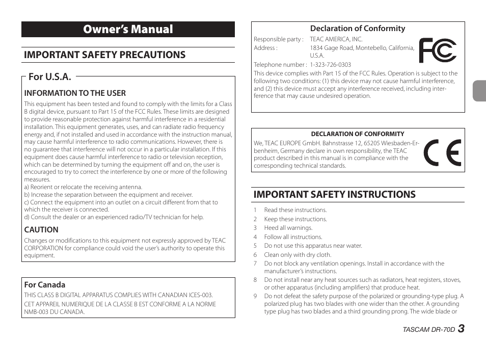 English, Owner’s manual, Important safety precautions | For u.s.a, Important safety instructions | Teac DR-70D User Manual | Page 3 / 128