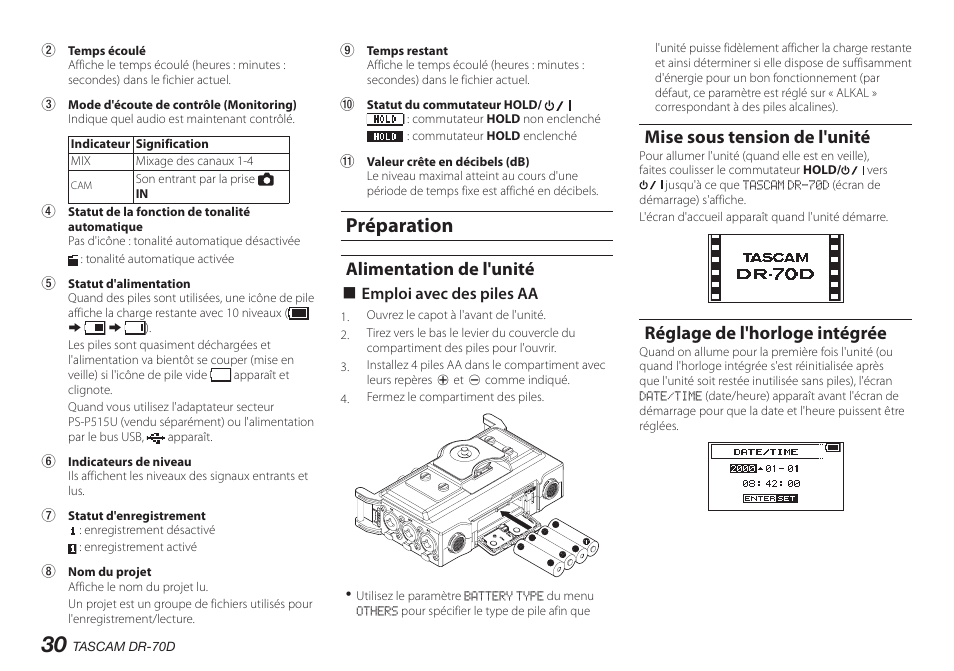 Préparation, Alimentation de l'unité, Mise sous tension de l'unité | Réglage de l'horloge intégrée | Teac DR-70D User Manual | Page 30 / 128