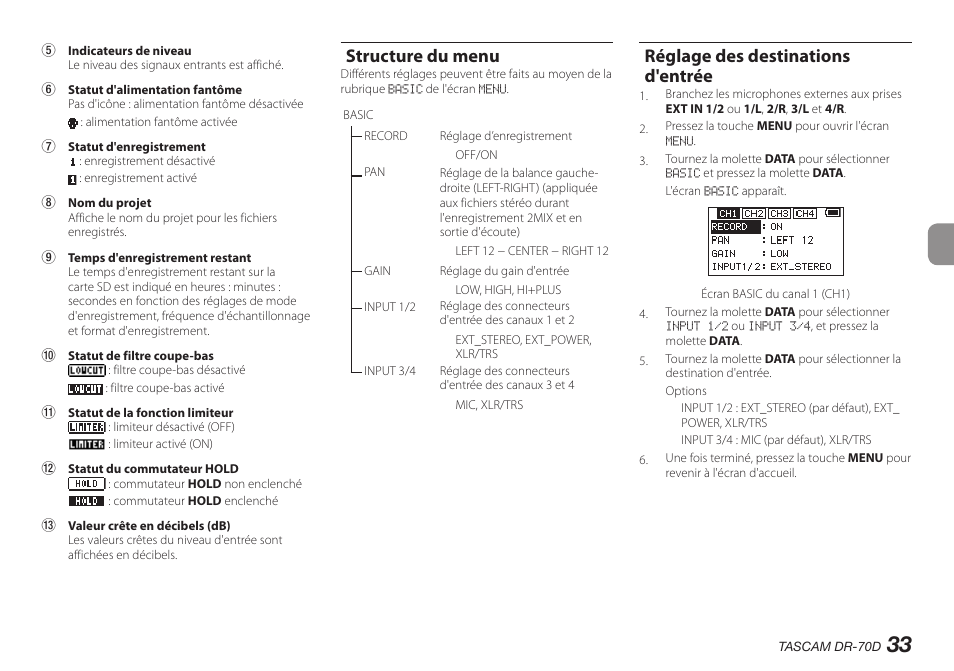 Structure du menu, Réglage des destinations d'entrée | Teac DR-70D User Manual | Page 33 / 128