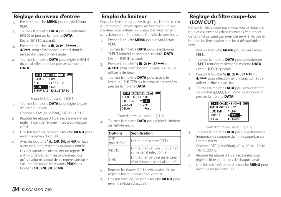 Réglage du niveau d'entrée, Emploi du limiteur, Réglage du filtre coupe-bas (low cut) | Teac DR-70D User Manual | Page 34 / 128