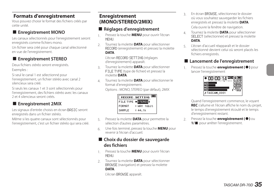 Formats d'enregistrement, Enregistrement (mono/stereo/2mix) | Teac DR-70D User Manual | Page 35 / 128