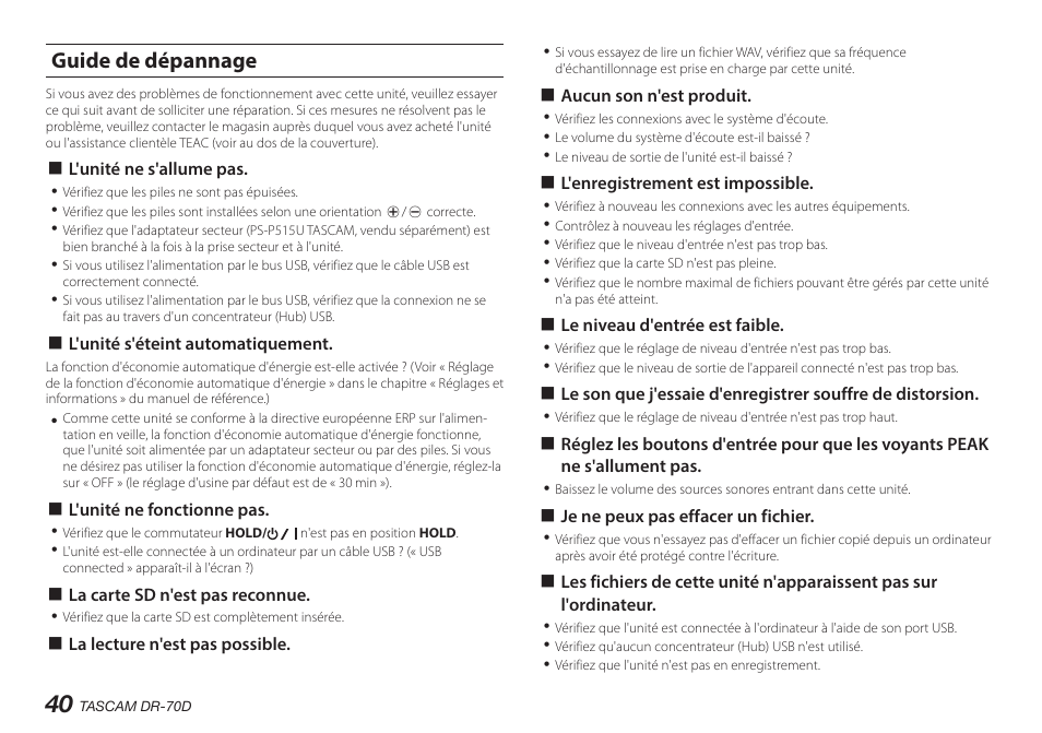 Guide de dépannage | Teac DR-70D User Manual | Page 40 / 128