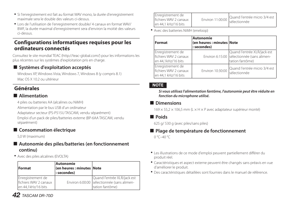 Générales, Configurations informatiques requises pour les, Ordinateurs connectés générales | Teac DR-70D User Manual | Page 42 / 128