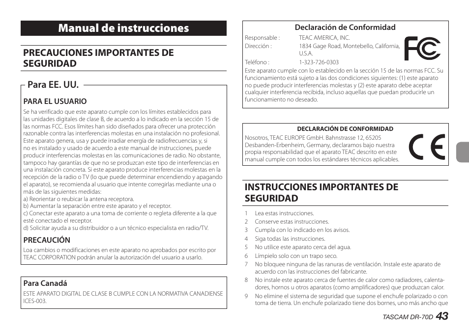 Español, Manual de instrucciones, Precauciones importantes de seguridad | Para ee. uu, Instrucciones importantes de seguridad | Teac DR-70D User Manual | Page 43 / 128