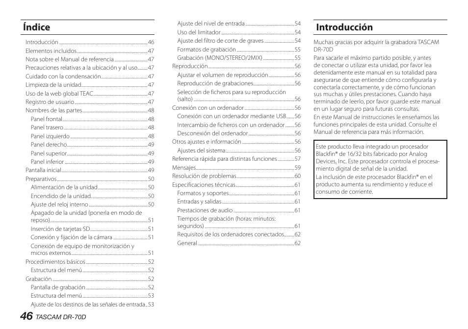 Introducción, Índice | Teac DR-70D User Manual | Page 46 / 128