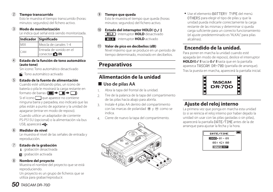 Preparativos, Alimentación de la unidad, Encendido de la unidad | Ajuste del reloj interno | Teac DR-70D User Manual | Page 50 / 128