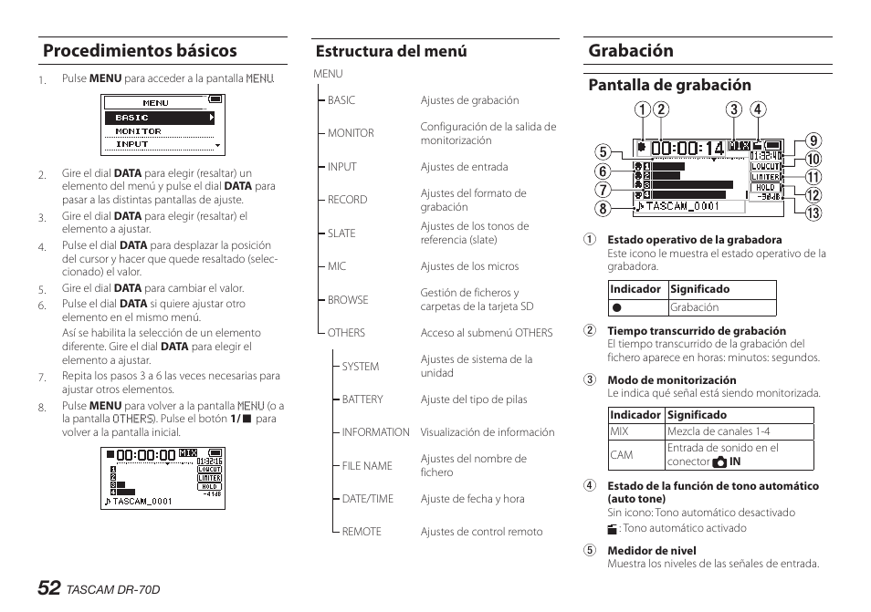 Procedimientos básicos, Estructura del menú, Grabación | Pantalla de grabación | Teac DR-70D User Manual | Page 52 / 128