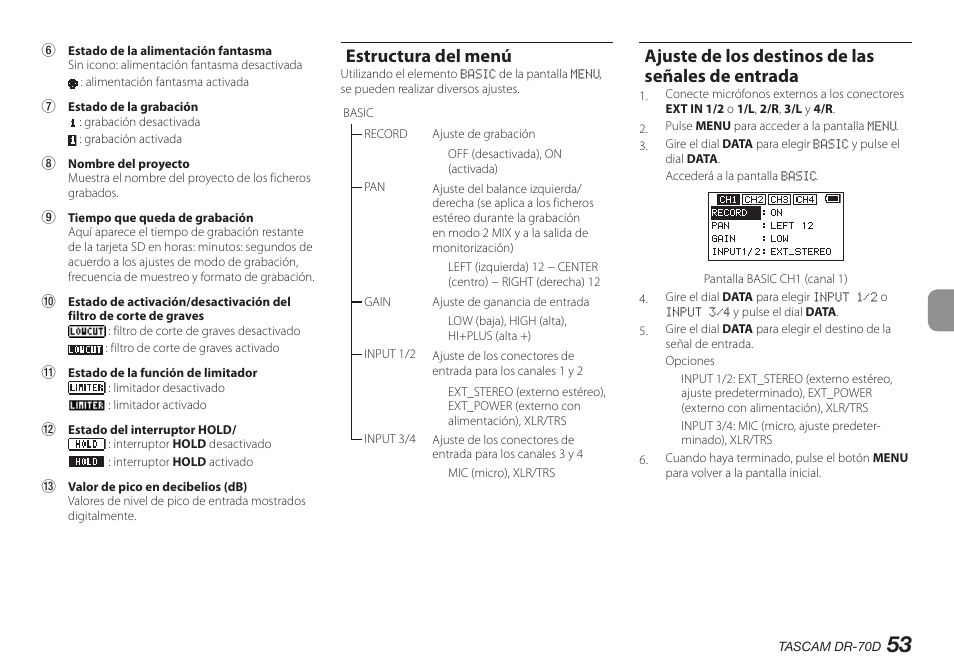 Estructura del menú, Ajuste de los destinos de las señales de entrada | Teac DR-70D User Manual | Page 53 / 128