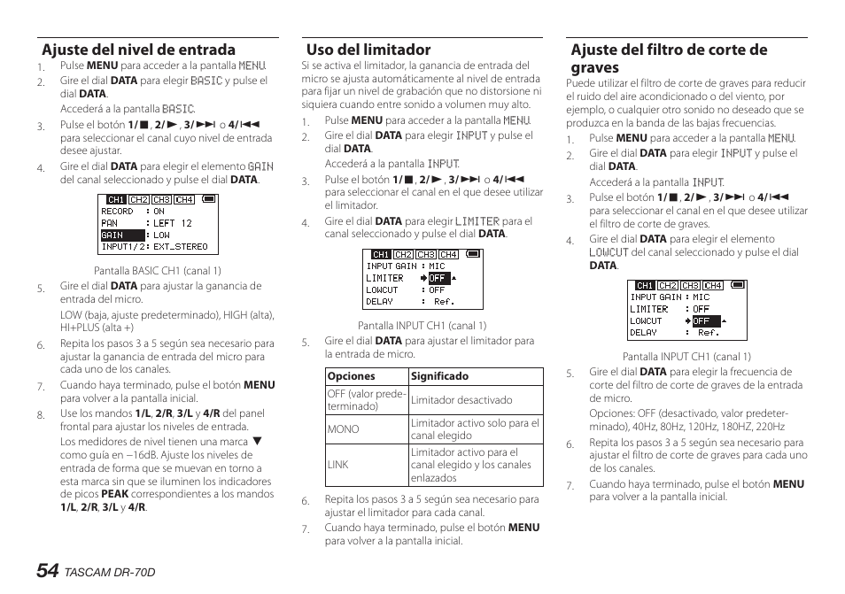 Ajuste del nivel de entrada, Uso del limitador, Ajuste del filtro de corte de graves | Teac DR-70D User Manual | Page 54 / 128