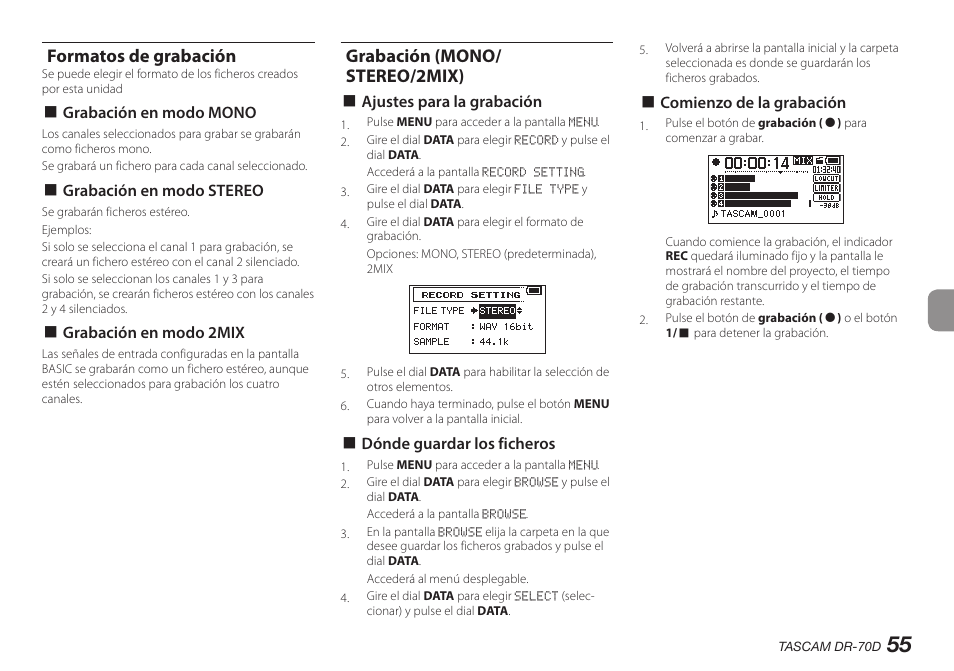 Formatos de grabación, Grabación (mono/stereo/2mix), Formatos de grabación grabación (mono/stereo/2mix) | Grabación (mono/ stereo/2mix) | Teac DR-70D User Manual | Page 55 / 128