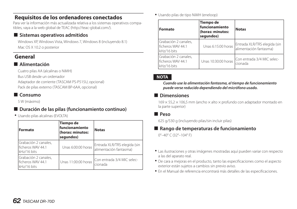 Requisitos de los ordenadores conectados, General, Requisitos de los ordenadores conectados general | Teac DR-70D User Manual | Page 62 / 128