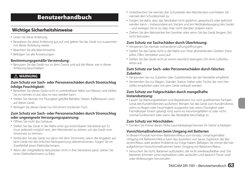 Deutsch, Wichtige sicherheitshinweise, Benutzerhandbuch | Teac DR-70D User Manual | Page 63 / 128