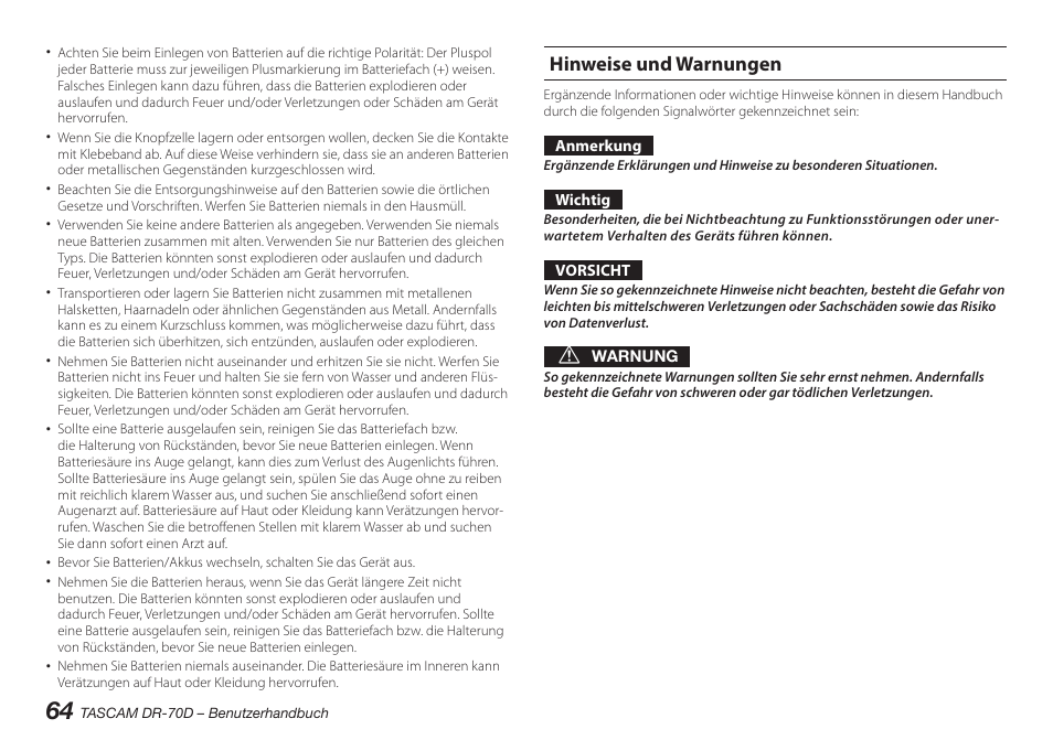 Hinweise und warnungen | Teac DR-70D User Manual | Page 64 / 128