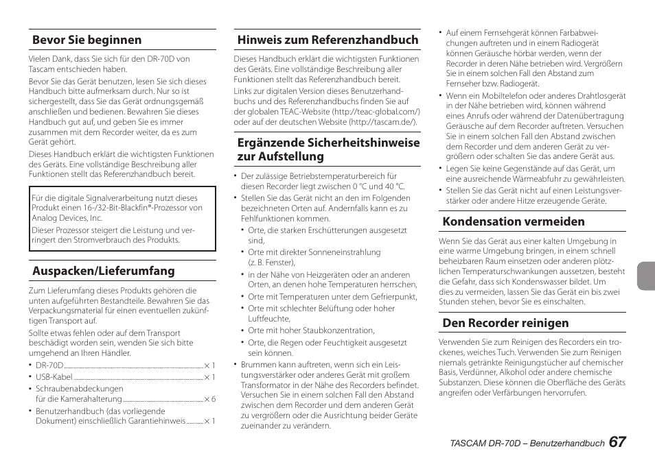 Bevor sie beginnen, Auspacken/lieferumfang, Hinweis zum referenzhandbuch | Ergänzende sicherheitshinweise zur aufstellung, Kondensation vermeiden, Den recorder reinigen | Teac DR-70D User Manual | Page 67 / 128