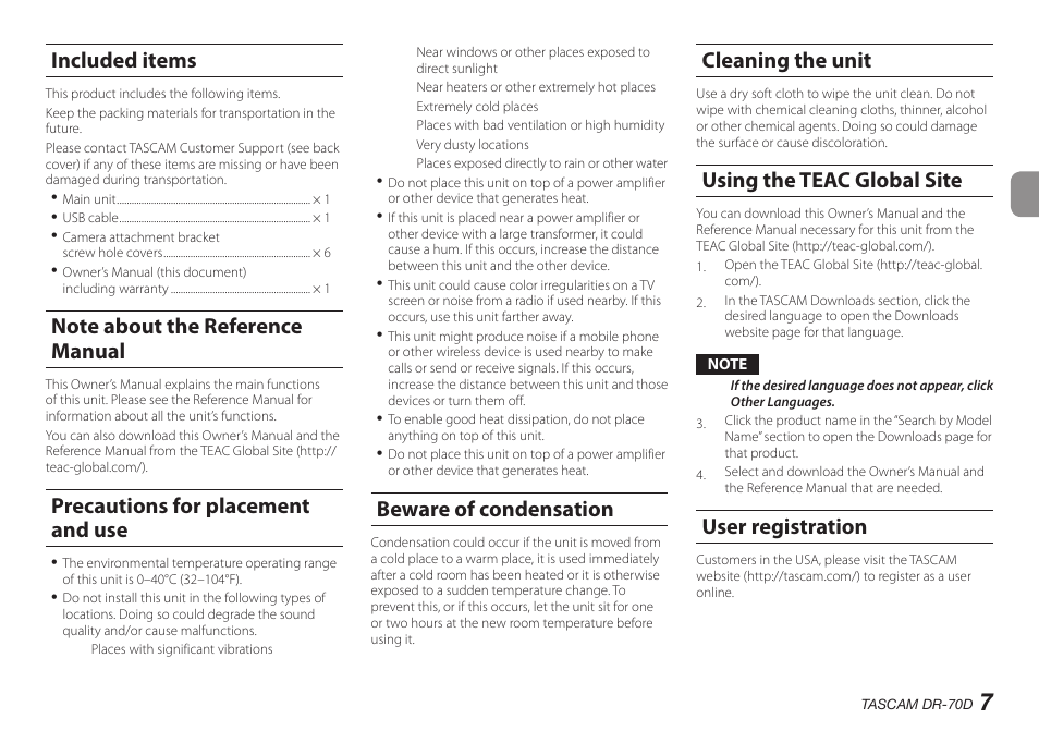 Included items, Note about the reference manual, Precautions for placement and use | Beware of condensation, Cleaning the unit, Using the teac global site, User registration | Teac DR-70D User Manual | Page 7 / 128