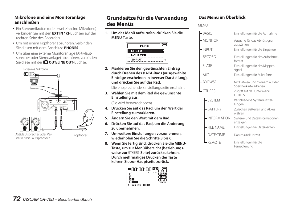 Mikrofone und eine monitoranlage anschließen, Grundsätze für die verwendung des menüs, Das menü im überblick | Mikrofone und eine monitoranlage, Anschließen | Teac DR-70D User Manual | Page 72 / 128