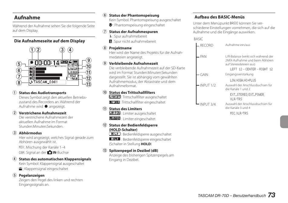 Aufnahme, Die aufnahmeseite auf dem display, Aufbau des basic-menüs | Teac DR-70D User Manual | Page 73 / 128